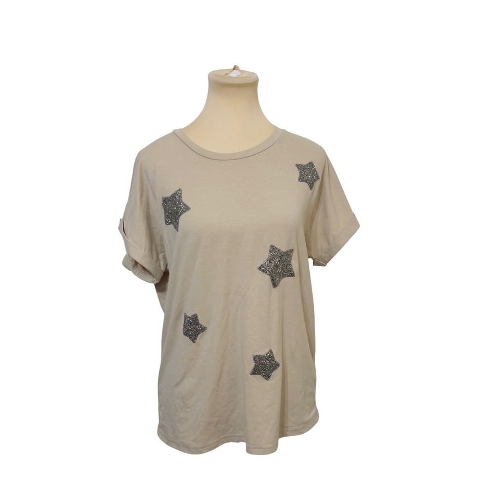 OnTwelfth Women Beige Star Embellished Cuffed Sleeve Tee Size M Neutral Sparkle